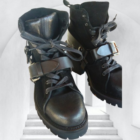 STEVEN by STEVE MADDEN 7 BLACK LEATHER BOOTS HARNESS STRAPS goth witch ankle lug - Picture 8 of 16